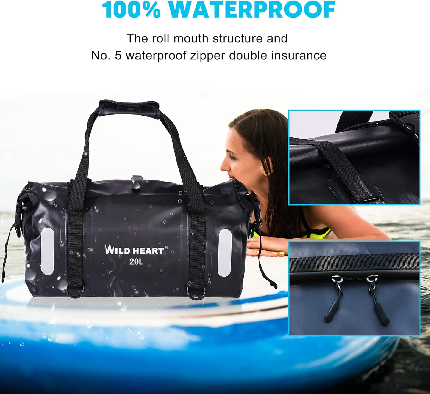 WILD HEART Waterproof Bag Duffel Bag 20L 30L 40L with Welded Seams Shoulder Straps, Mesh Pocket for Kayaking, Camping, Boating,Bicycle,Motorcycle