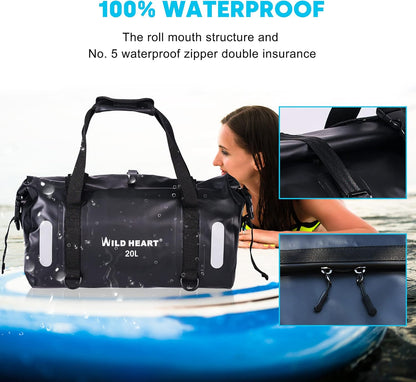WILD HEART Waterproof Bag Duffel Bag 20L 30L 40L with Welded Seams Shoulder Straps, Mesh Pocket for Kayaking, Camping, Boating,Bicycle,Motorcycle