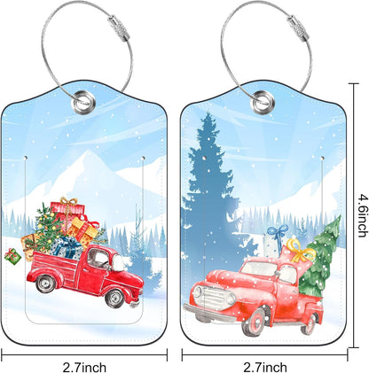 2 PCS Leather Luggage Tags for Suitcase Red Pickup Christmas Tree and Gifts Travel Luggage Tag with Privacy Flap Name ID Label and Metal Loop for Travel Bag Suitcase