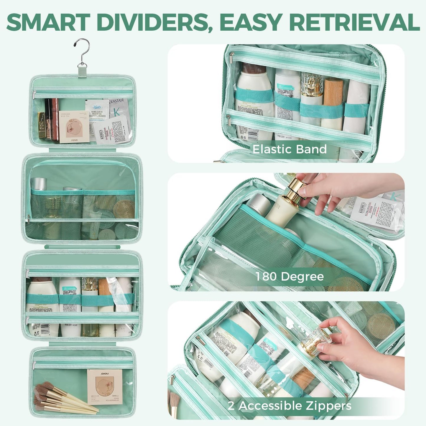 Toiletry Bag For women,Portable Hanging Organizer,4 Leakproof Compartment for full-sized Conditioner, Brushes Set, Makeup Accessories,Visible and easy to access.L-mint