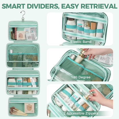 Toiletry Bag For women,Portable Hanging Organizer,4 Leakproof Compartment for full-sized Conditioner, Brushes Set, Makeup Accessories,Visible and easy to access.M-mint