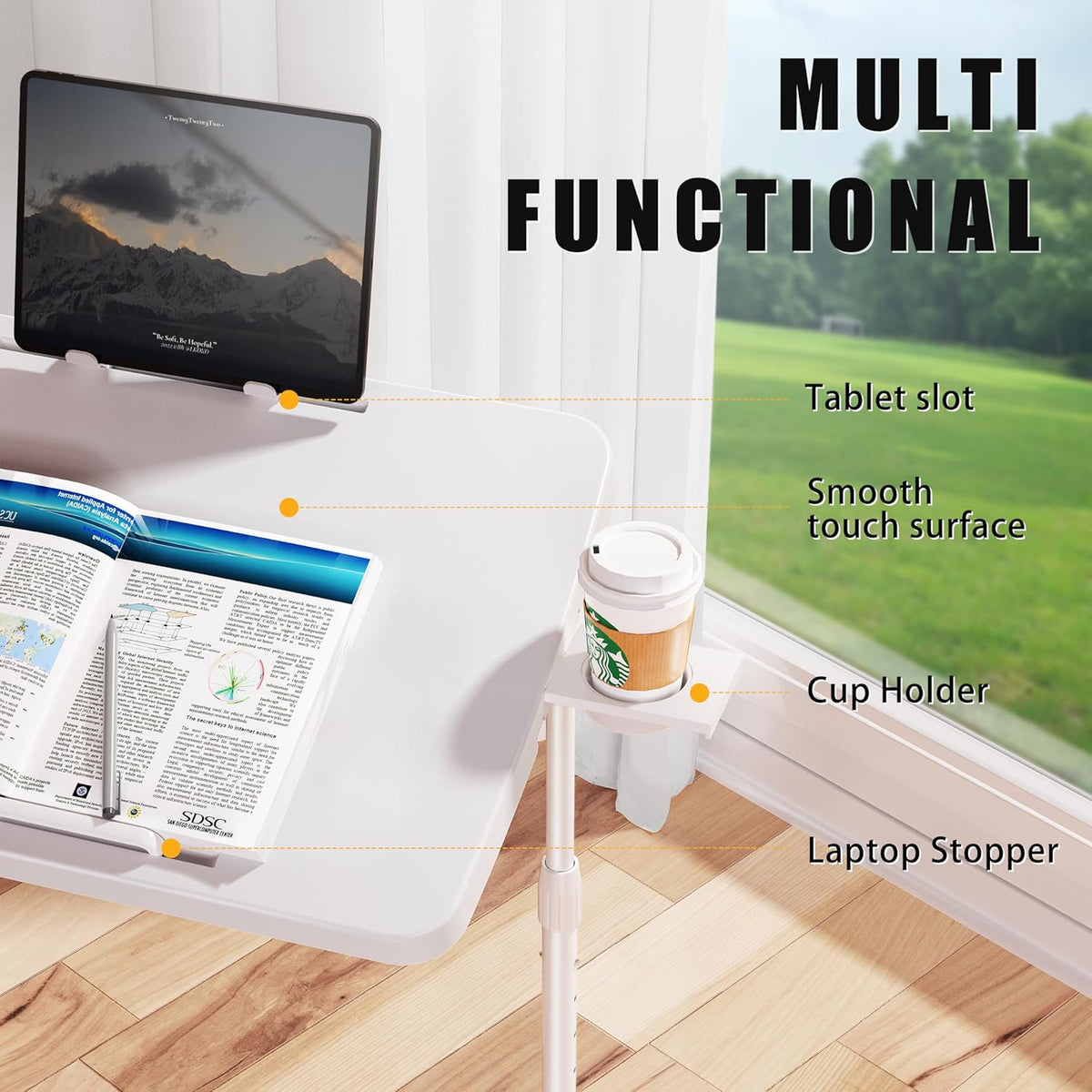 Allpop Ultra TV Tray Table, TV Dinner Tray for Eating, Adjustable Folding Tray Table with Book Stand, Cup Holder, Laptop Stopper & Tablet Slot on Coach & Bed, White