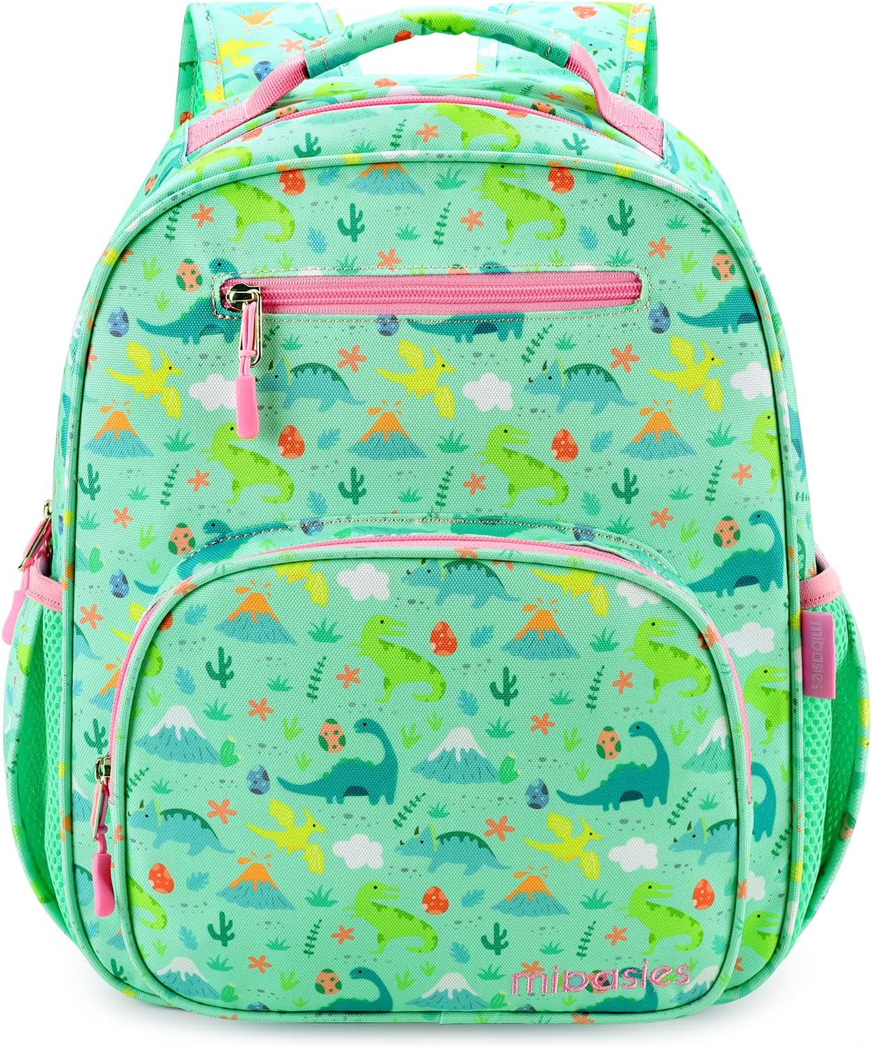 mibasies Girls Backpack 5-8: Lightweight Kids Backpacks for Girls - Girl Bookbag for Elementary School - Dinosaur Forest Light Green