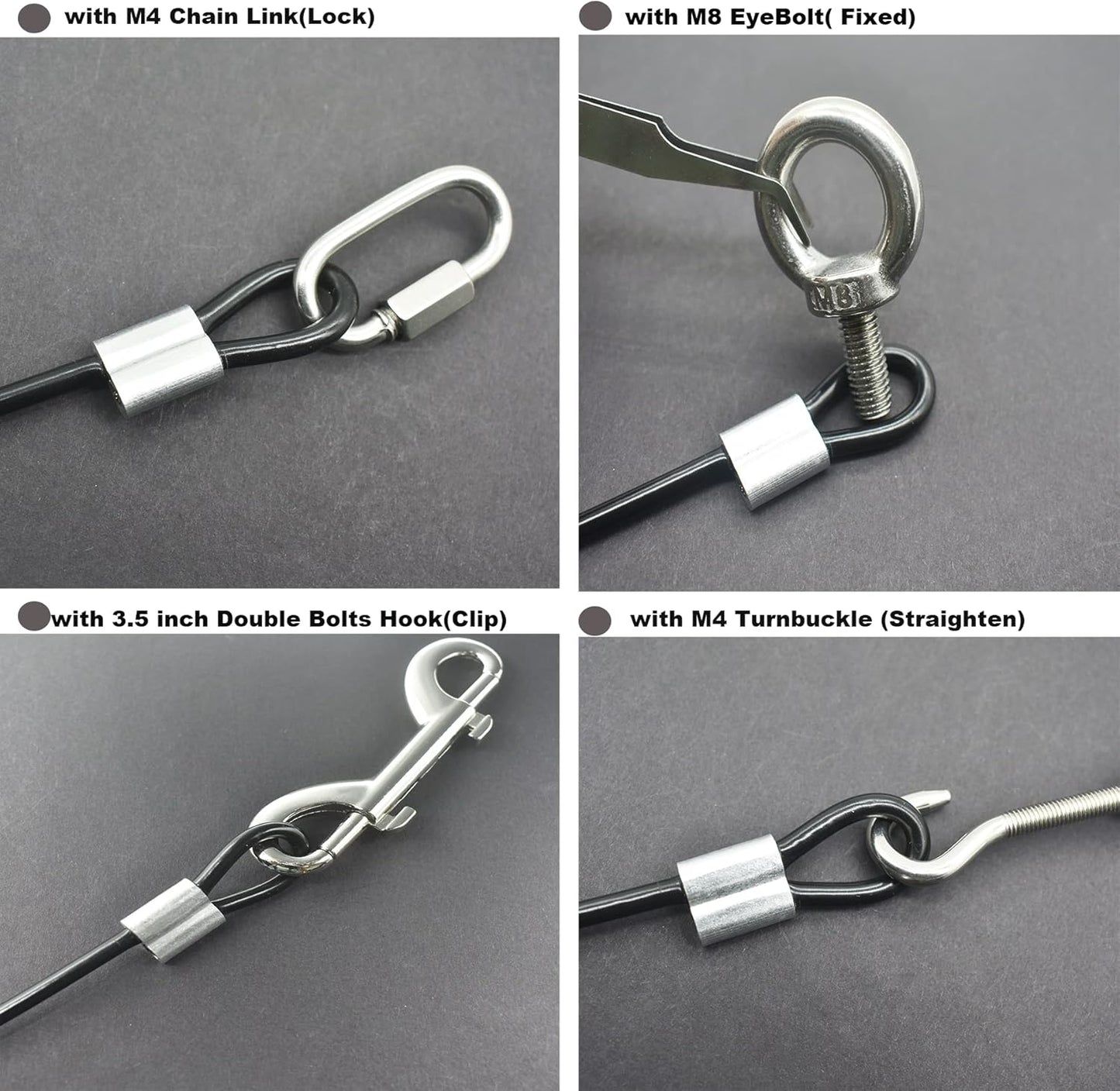 5 Pcs 4mm Wire 24 inch Vinyl Coated Stainless Steel Cable with Loops Short Wire Rope Lanyard Lock Security Chain Link for Outdoor Gates, Black(4mm x 24inch)