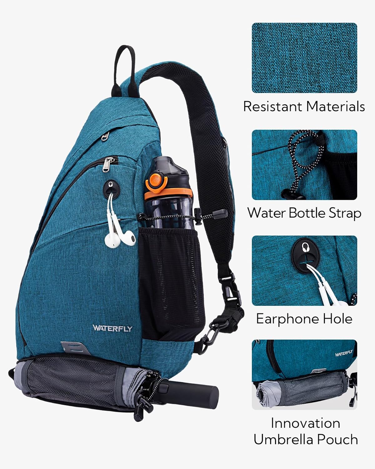 WATERFLY Large Crossbody Sling Bag: Over Shoulder Backpack Daypack Casual Cross Chest Side Pack