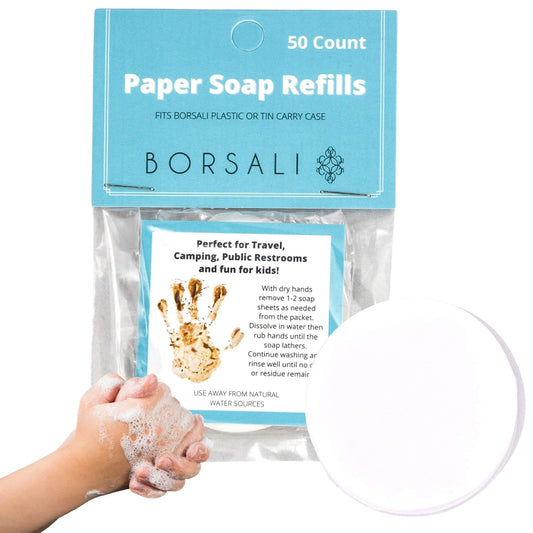 BORSALI Paper Soap Sheets - for Travel - Portable Dissolvable Dry Soap sheets; For Camping, Travel, Public Restrooms; 50 /Refill Pieces to Go (50 Sheets - Refill)