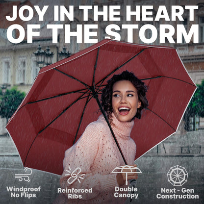 Royal Walk Windproof Folding Travel Umbrella Compact and Strong Luxurious Real Wood Handle Automatic Open Close Vented Double Canopy for Men and Women