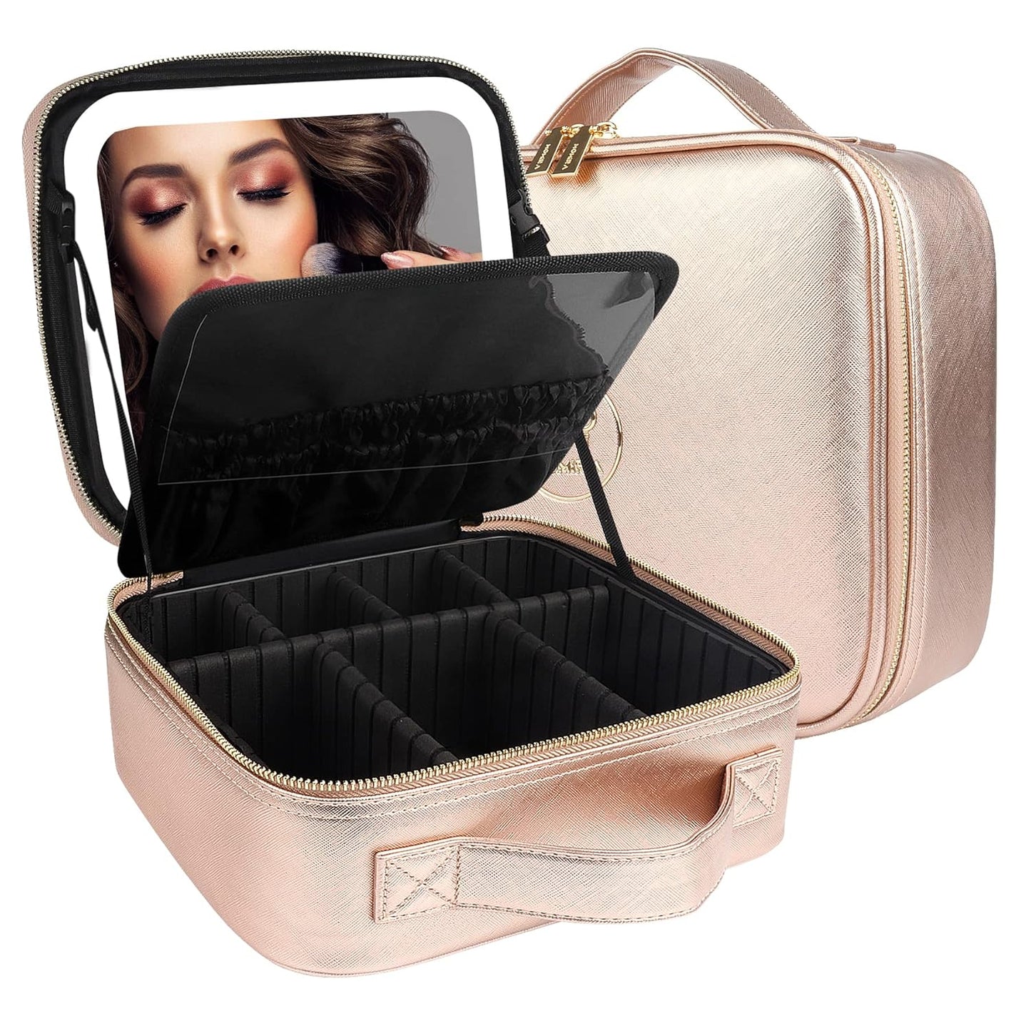 MOMIRA Travel Cosmetic Train Case with Lighted Mirror 3 Color Scenarios Cosmetic Bag Organizer with Adjustable Dividers Makeup Storage for Women, Makeup Accessories & Tools Case Champagne