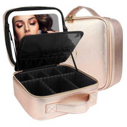 MOMIRA Travel Cosmetic Train Case with Lighted Mirror 3 Color Scenarios Cosmetic Bag Organizer with Adjustable Dividers Makeup Storage for Women, Makeup Accessories & Tools Case Champagne