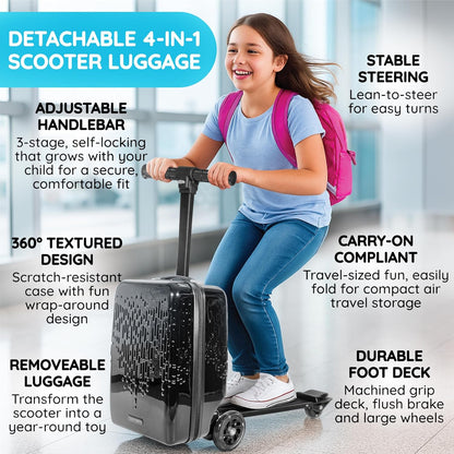 Teen Totes Detachable 4-in-1 Scooter Luggage for Kids – Ride-On Suitcase with Removable Luggage Body, Adjustable Handlebar, Durable Deck & Brake, Carry-On Size – Travel & Play