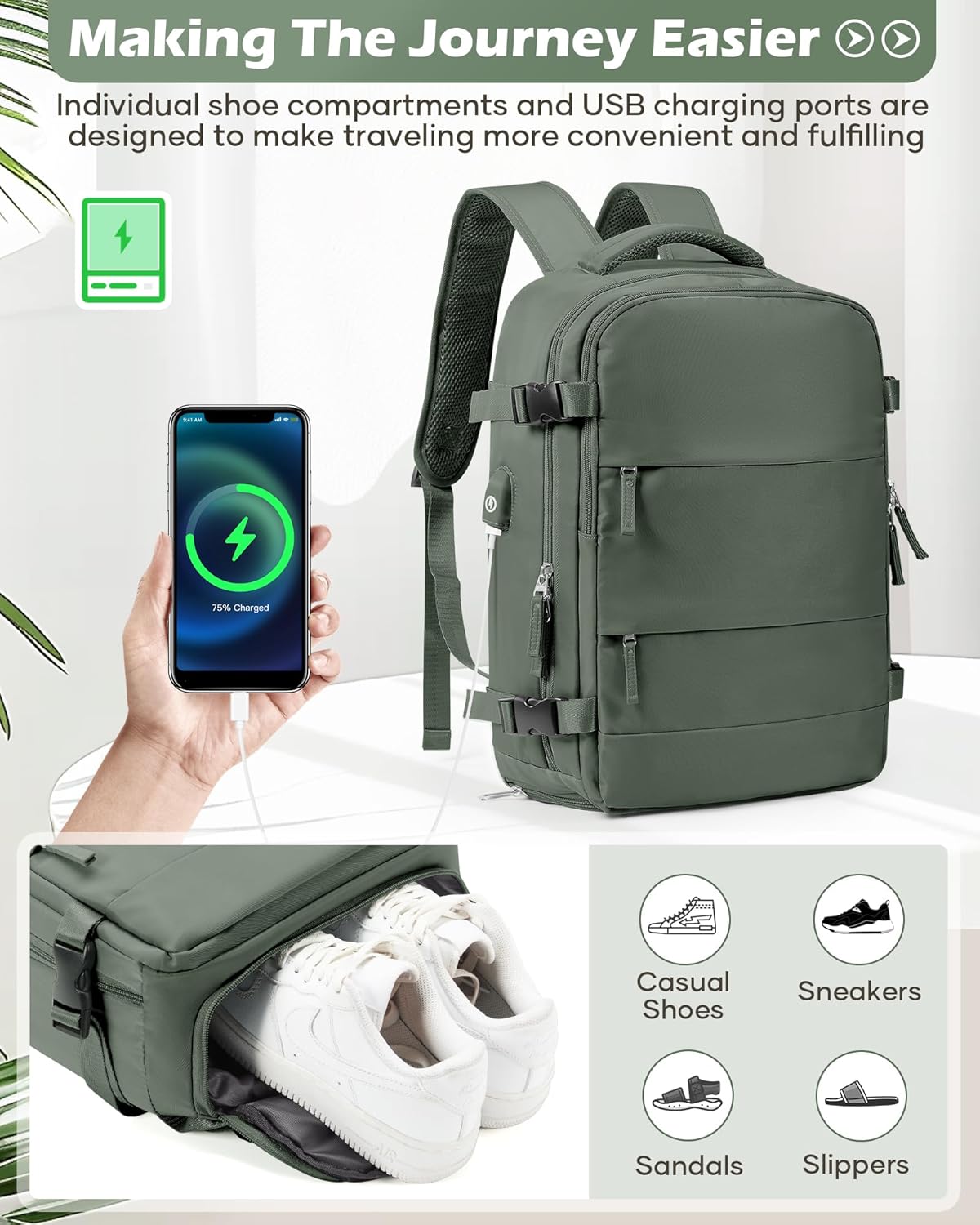 Vacuum Backpack Travel Laptop Backpacks For Women Men Carry On Backpack With Vacuum Compression Bags Seal Packing Personal Item Travel Bag Vacpack Backpacks Without Pump Olive Green