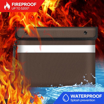 Fireproof Bag for Documents (11 x 7.7 inch)-5200 Heat Insulated, Waterproof Document Pouch with Double-Sided Reflective Strip, Money Bag for Cash (Brown)
