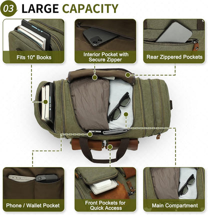 Canvas Duffle Bag with Genuine Leather Accents, Expandable 20-23 Inch Travel Weekender, Multiple Pockets, Green