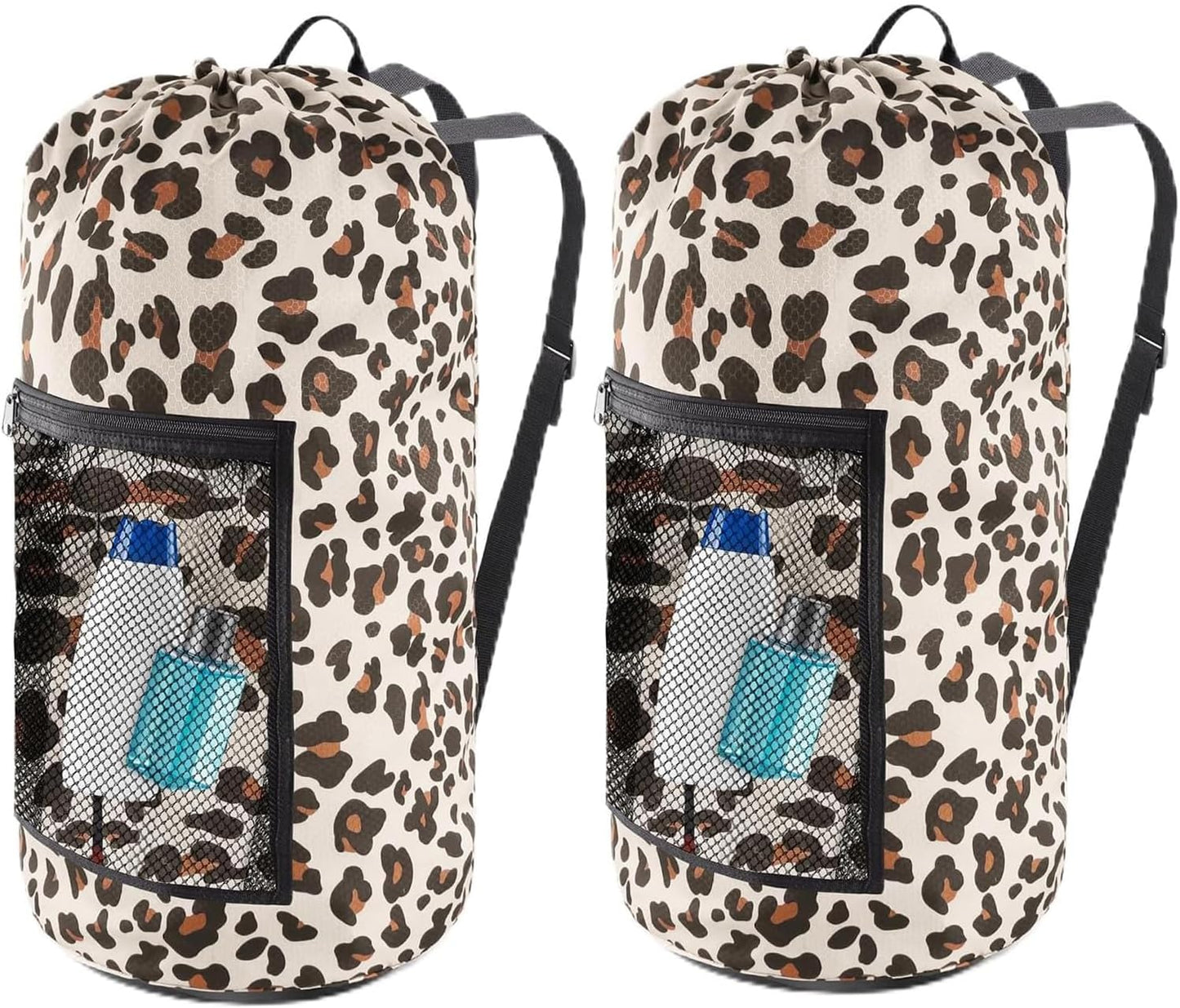 Laundry Bag Backpack, 2PCS Extra Large Travel Laundry Bag with Mesh Pocket & Adjustable Shoulder Straps,Dirty Clothes Travel Bag for College Students Dorm,Apartment(Leopard Print)