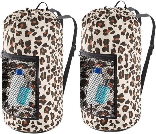Laundry Bag Backpack, 2PCS Extra Large Travel Laundry Bag with Mesh Pocket & Adjustable Shoulder Straps,Dirty Clothes Travel Bag for College Students Dorm,Apartment(Leopard Print)