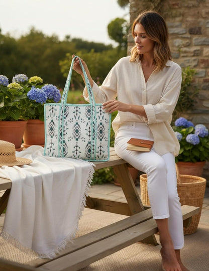 Cotton Quilted Tote Bag for Women – Large Beach & Travel Tote with Zipper, Reusable Grocery Bag