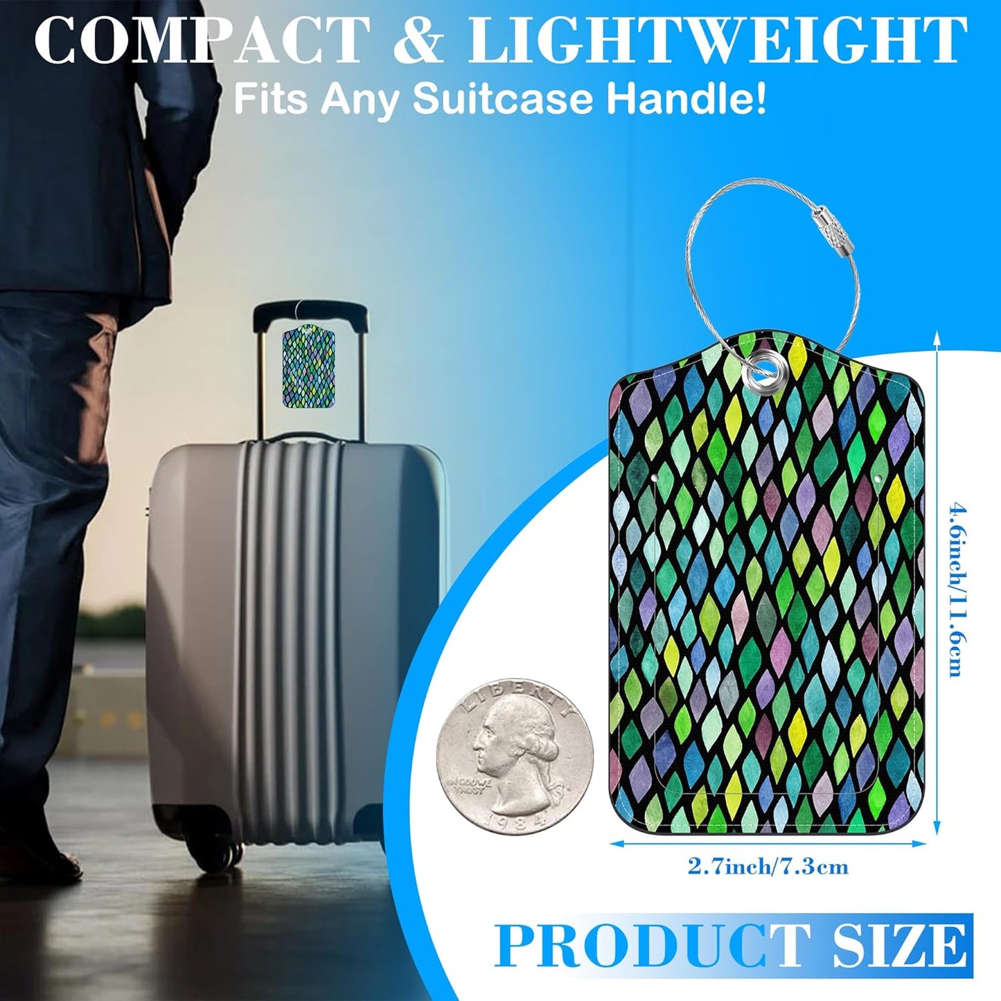 Watercolor Rhombus and Colored Triangle Luggage Tags for Suitcases Leather Travel Tags for Luggage ID Label with Privacy Cover and Stainless Steel Loop for Men Women Suitcase Backpack, Set of 2