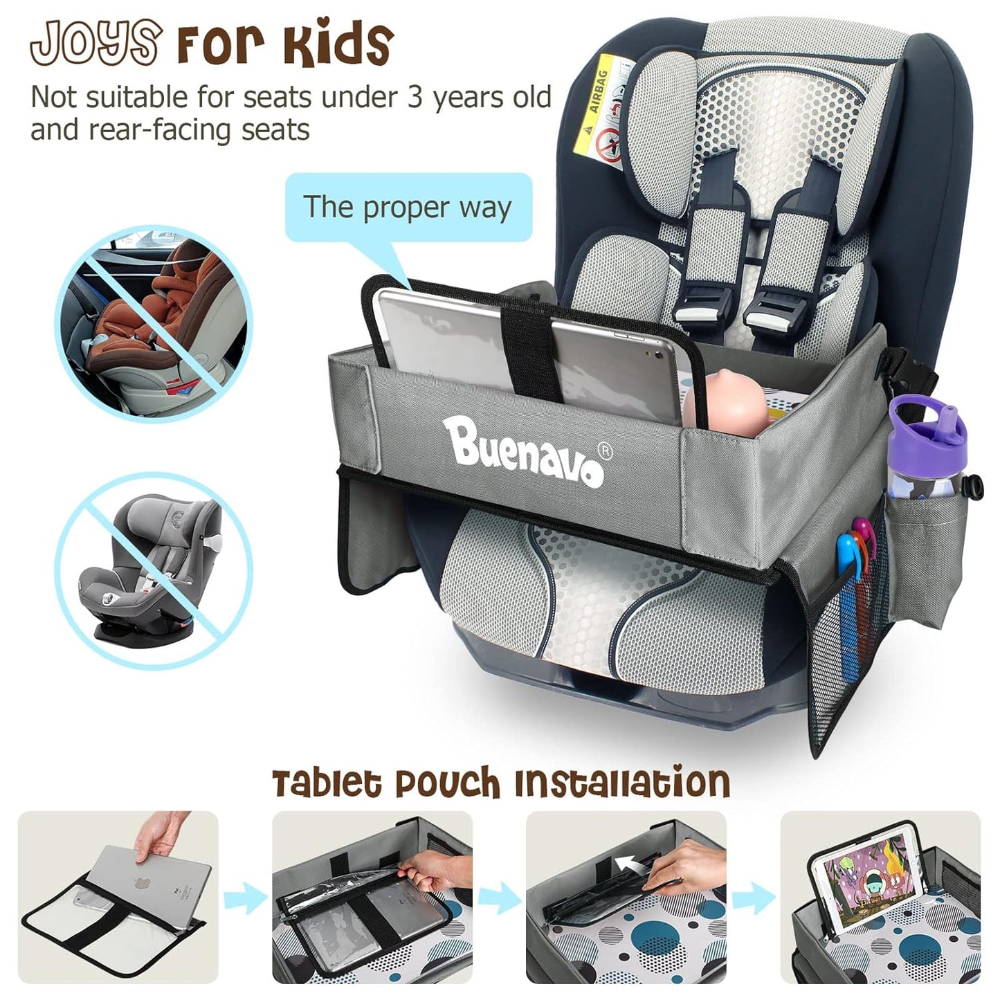 [New Version] Car Seat Organizer Kids Travel Tray for Kids Toddlers Activities in Car Seat, Stroller, Airplane | Touch Screen iPad Holder | Waterproof Dry Erase Top | Side Pocket & Water Bottle Holder