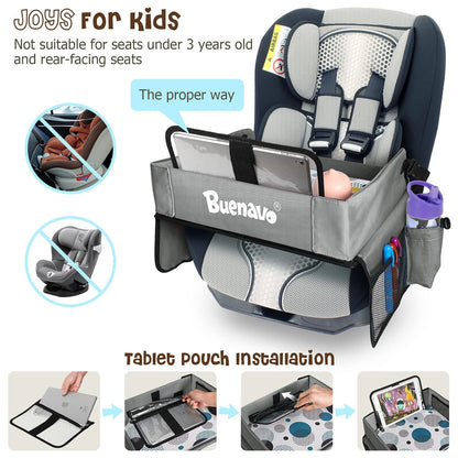 [New Version] Car Seat Organizer Kids Travel Tray for Kids Toddlers Activities in Car Seat, Stroller, Airplane | Touch Screen iPad Holder | Waterproof Dry Erase Top | Side Pocket & Water Bottle Holder
