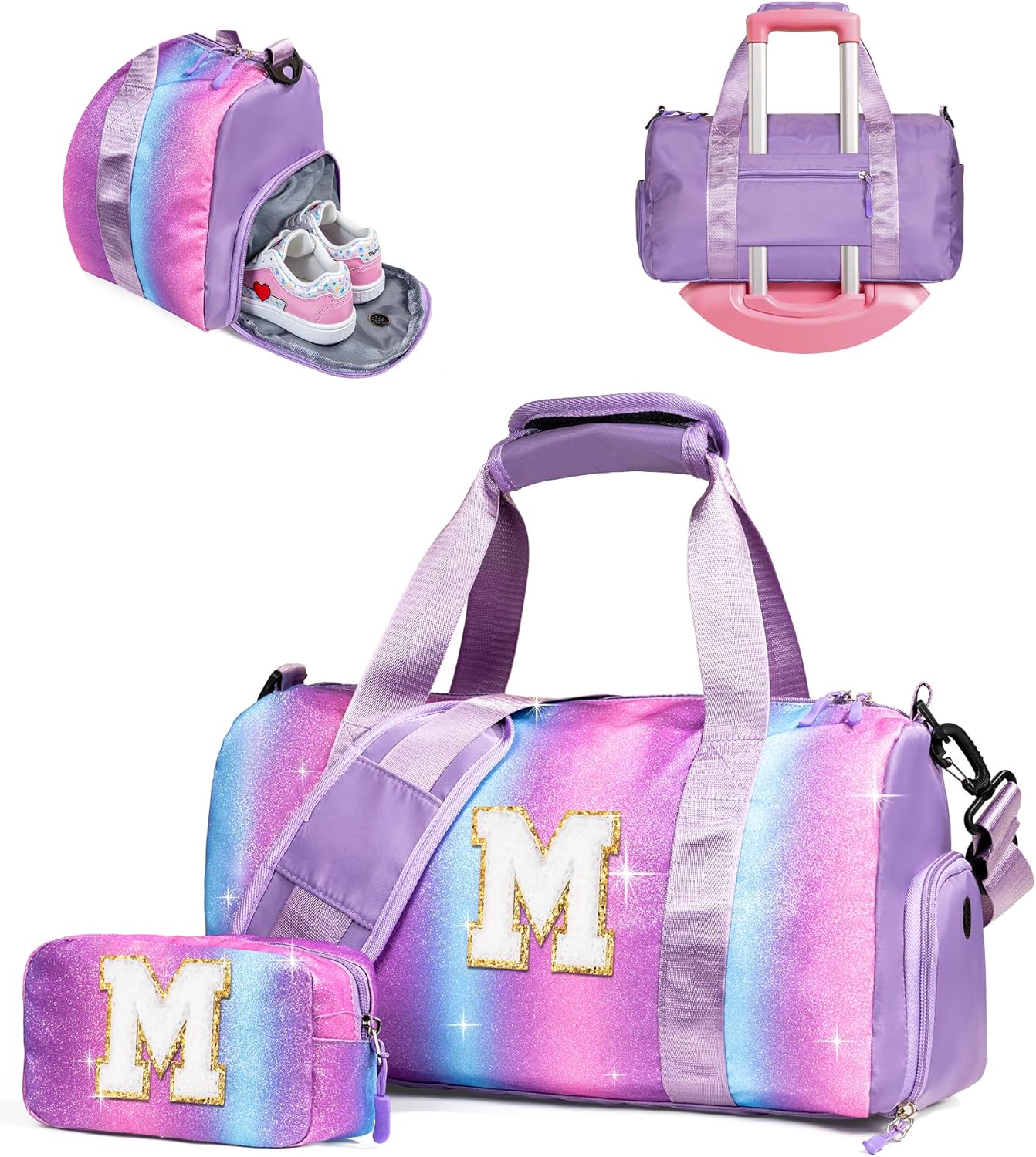 Gifts for 3 4 5 6 7 8 9 10 Year Old Girls-Girl Gym Bag with Shoe Compartment, Kid Personalized Weekender Overnight Bags, Initial Travel Tote with Makeup Pouch, Graduation Gift (Letter M)