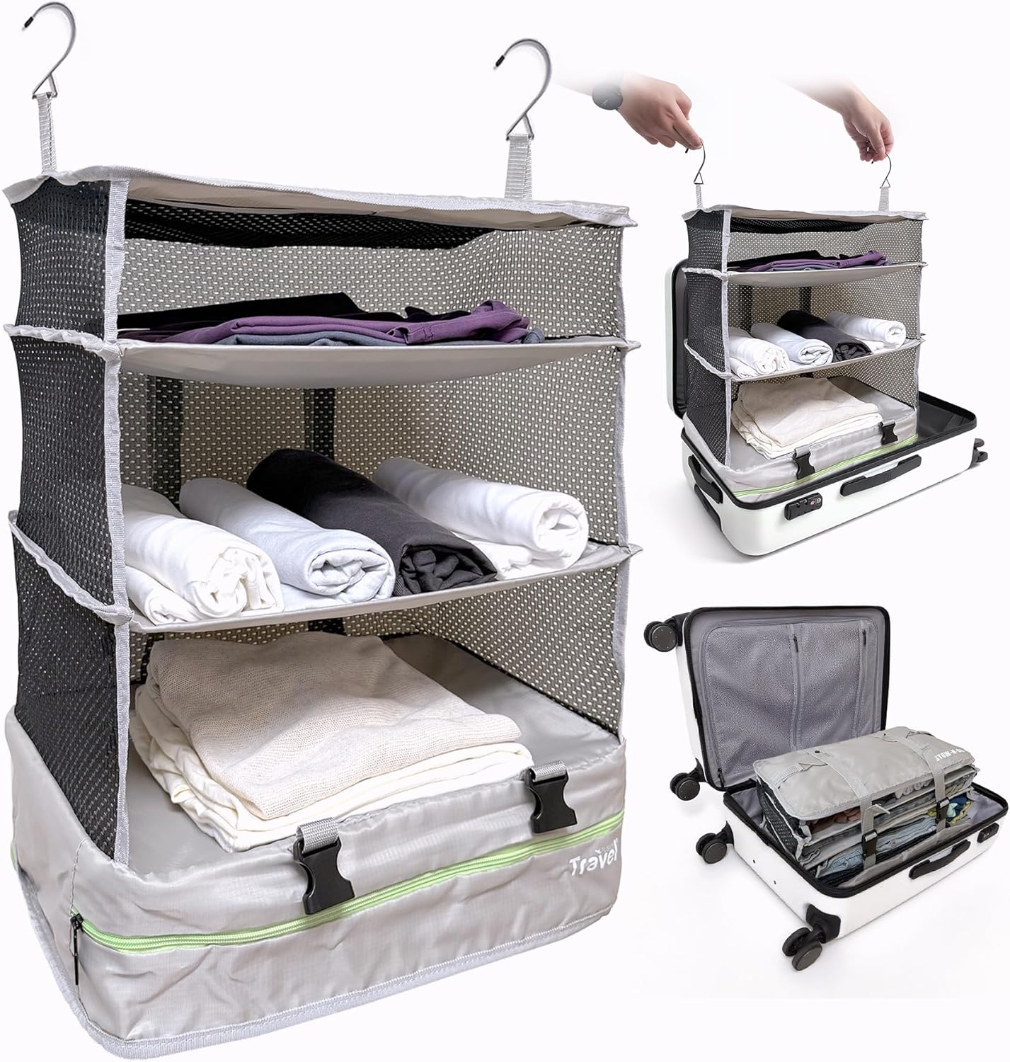 Stow-N-Go Travel Luggage Organizer – Portable Hanging Travel Shelves, Carry-On Closet Organizer, Hanging Packing Cubes, Collapsible Carry-On Organizer for Cruises & Hotels. Light Gray - XL