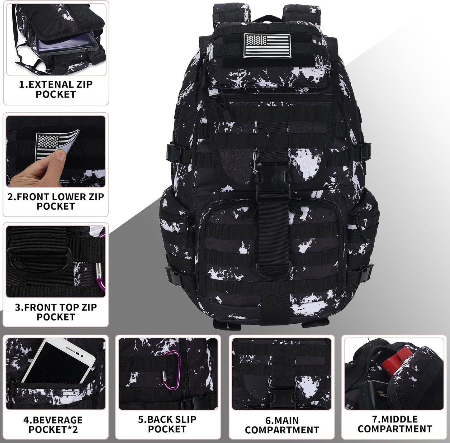 50L Military Tactical Backpack Hiking Waterproof Backpack Large Military Pack 3 Day Assault Pack Molle Bag Rucksack (Black Lightning)