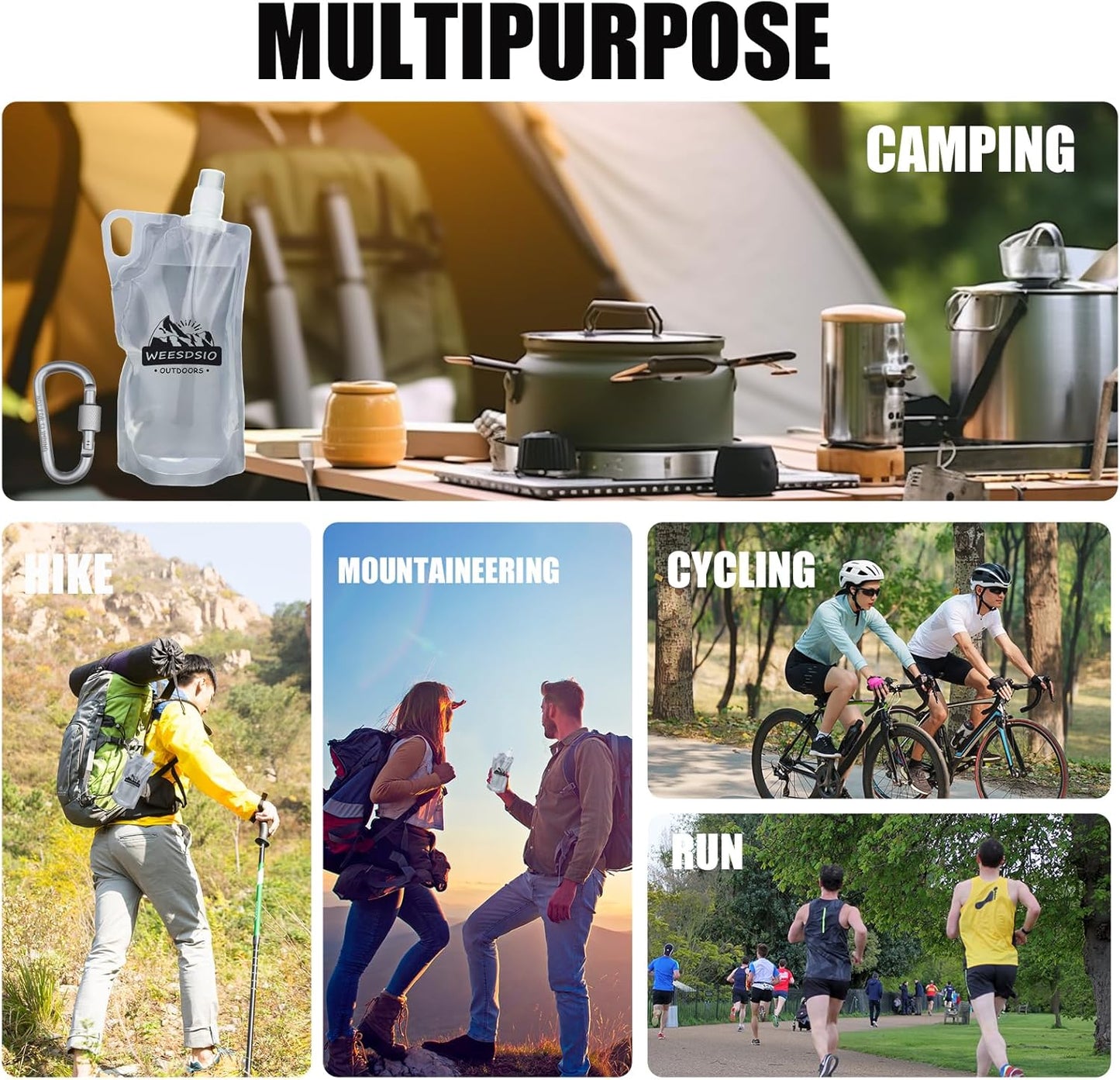 5-Pack 1L Hiking Collapsible Water Bottles with Mountaineering Buckle (Not Suitable for Climbing) BPA-Free Foldable Backpacking Water Bottle for Camping Hiking Running Cycling Mountaineering