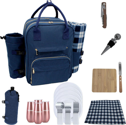 Truvelli Picnic Backpack for 4 with Blanket – 12-in-1 Insulated Picnic Basket Backpack Set with‬ Wine Holder, Cheese Board & Cutlery – Premium Picnic Back Pack for Family & Group‬ Adventures, Blue