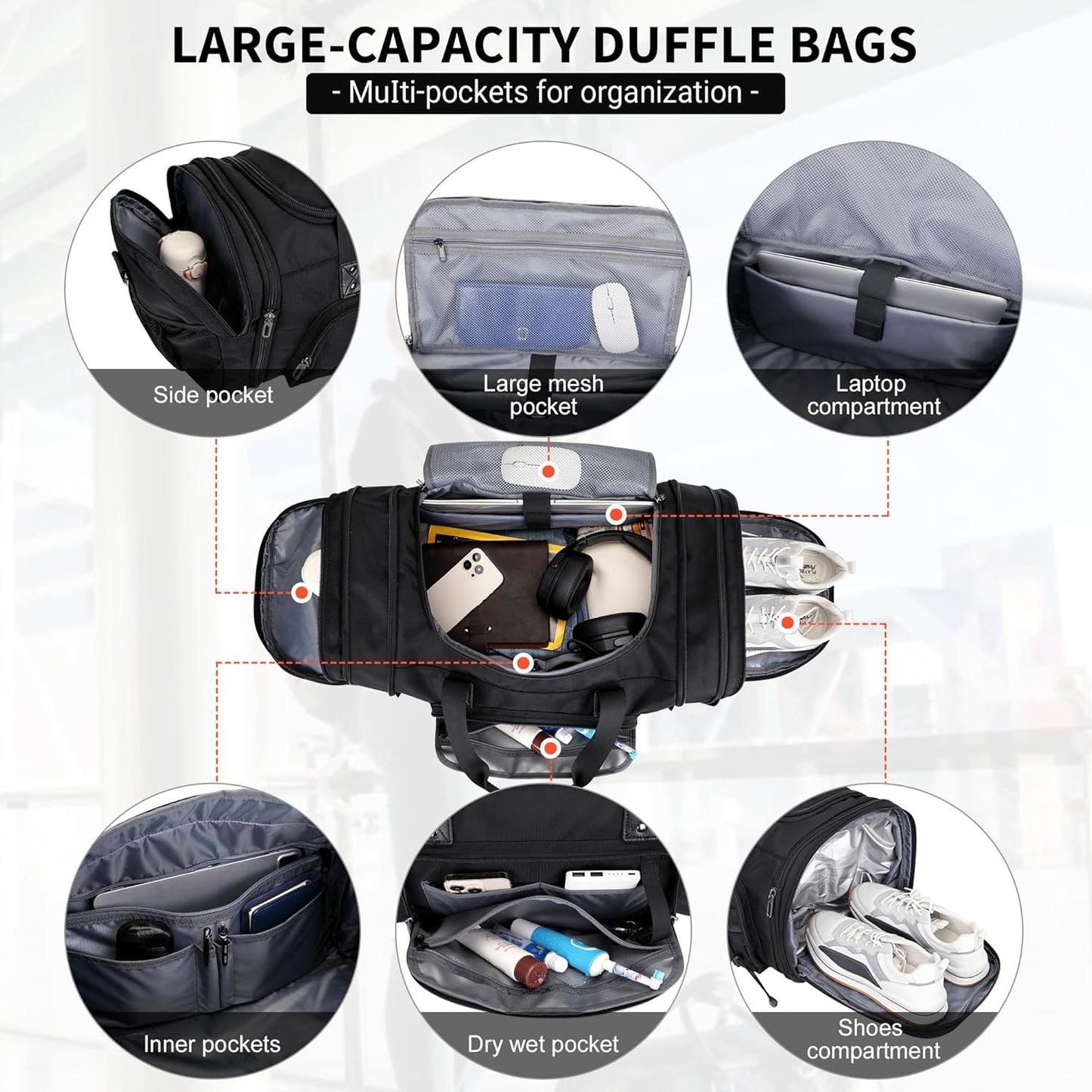 WITZMAN Duffle Bag for Men Nylon Large Gym Weekender Bag with Shoe Compartment Expandable Carry on Overnight Bag(B695 Black)