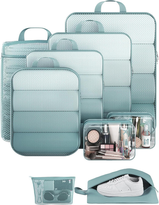 Veken 9/11 Set Compression Packing Cubes for Travel Essentials,Compressible Expandable Large Luggage Suitcase Organizer Bags for Clothing,Durable Space Saver Storage Bags with Toiletry Bags(Blue Gray)
