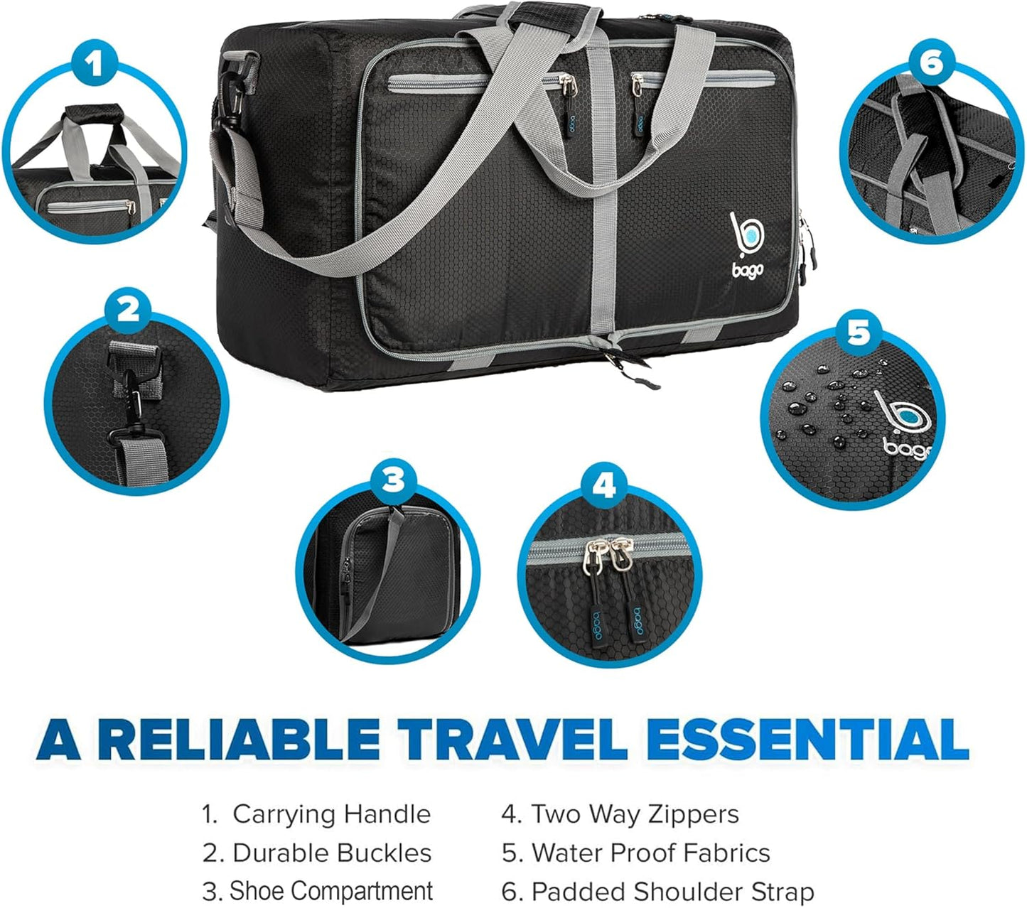 Bago Foldable Duffel Bags for Traveling Women & Men - 40L Sports Packable Duffle Bag for Travel with Shoe Compartment - Water Repellant, Heavy Duty, Lightweight Folding & Collapsible (Black)