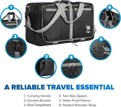Bago Foldable Duffel Bags for Traveling Women & Men - 40L Sports Packable Duffle Bag for Travel with Shoe Compartment - Water Repellant, Heavy Duty, Lightweight Folding & Collapsible (Black)
