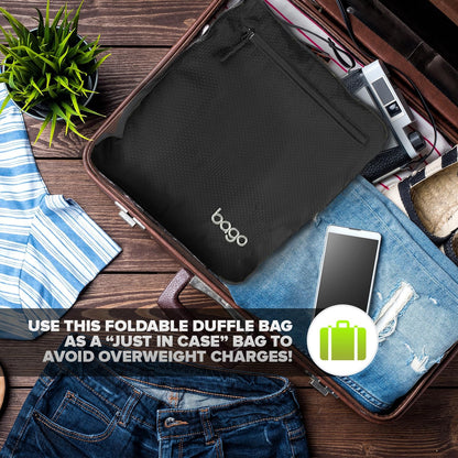 Bago Foldable Duffel Bags for Traveling Women & Men - 60L Medium Packable Duffle Bag for Travel with Shoe Compartment - Water Repellant, Heavy Duty, Lightweight Folding & Collapsible (All Black)