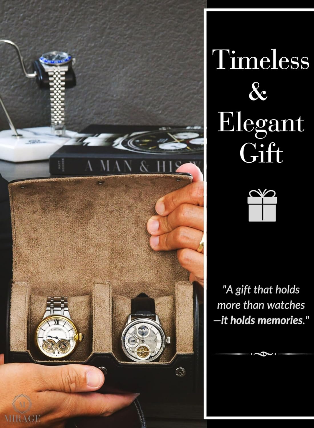 2 Watch Roll Travel Case – Leather Watch Holder Case for Travel - Black Full Grain Cow Leather (Beige Interior)