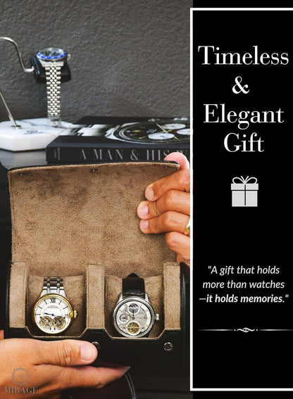 2 Watch Roll Travel Case – Leather Watch Holder Case for Travel - Black Full Grain Cow Leather (Beige Interior)