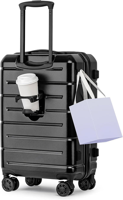 KYME Hardside Carry On Luggage 22x14x9 Airline Approved with TSA Lock Hardshell Carry On Suitcase with Spinner Wheels Travel Rolling 22 Inch Luggage with Cup Holder for Men Women Black