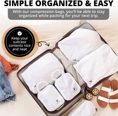 8 Piece Compression Packing Cubes Set - Double Capacity Design for Travel - Small, Medium & Large Sizes - Carry-On Suitcase Organizer Bags (White)