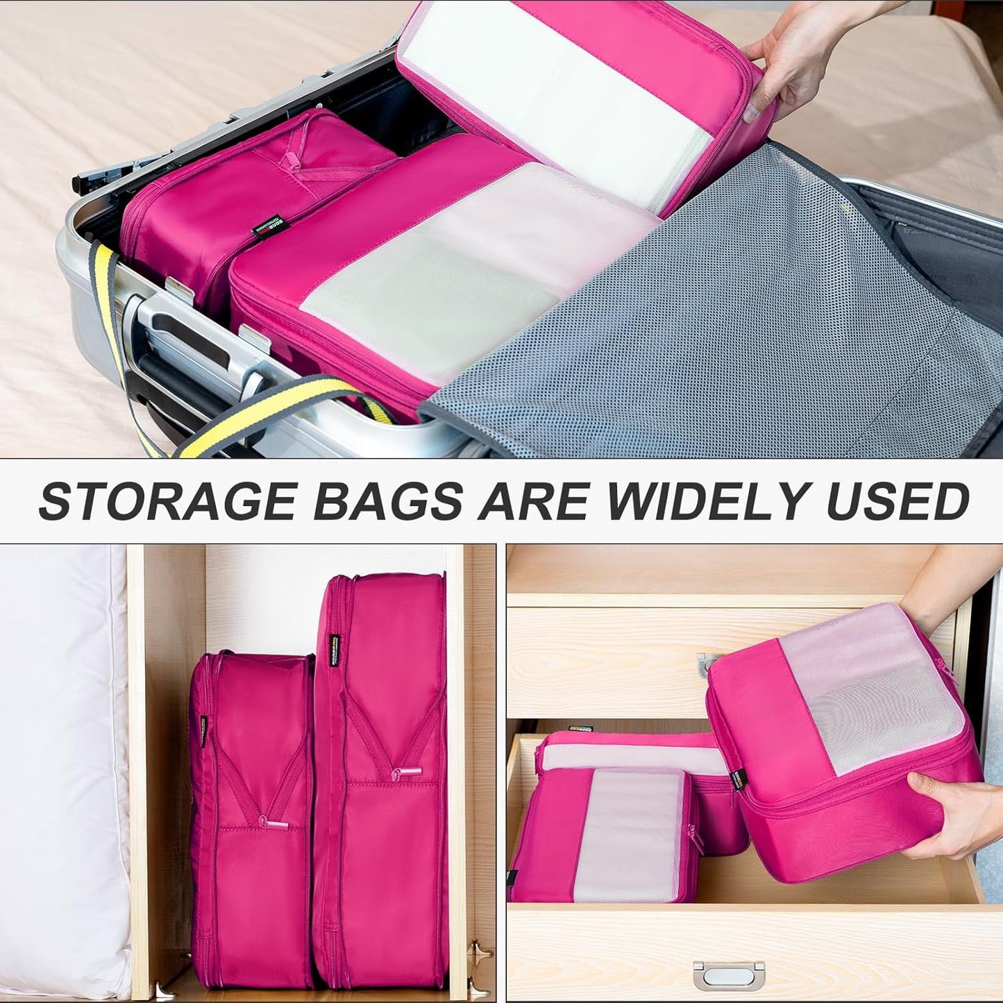5 Set Compression Packing Cubes for Travel, Space Saving Luggage Organizer Bags (Rose Red)