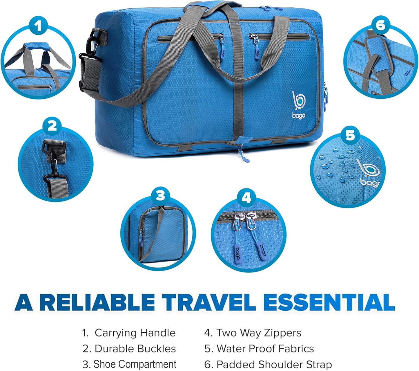 Bago Foldable Duffel Bags for Traveling Women & Men - 40L Sports Packable Duffle Bag for Travel with Shoe Compartment - Water Repellant, Heavy Duty, Lightweight Folding & Collapsible (Blue)
