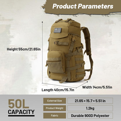 50L Tactical Backpack for Men and Women, Water-Resistant Molle Rucksack, Large Military Assault Pack for Hiking, Hunting, Camping, Gym & Outdoor Survival Khaki
