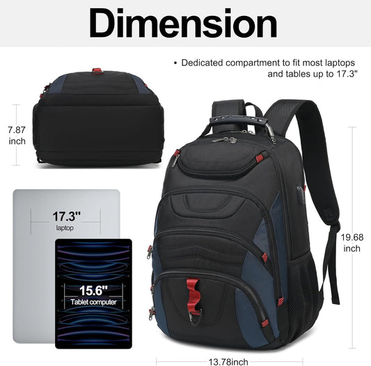 Boavan Laptop Backpack for men, 17.3 inch Laptop Bag with USB Port, Waterproof Travel Work Backpack Purse, Anti-Theft Teacher Nurse Doctor Casual Bookbags Office Business backpack，Black&Classic Navy