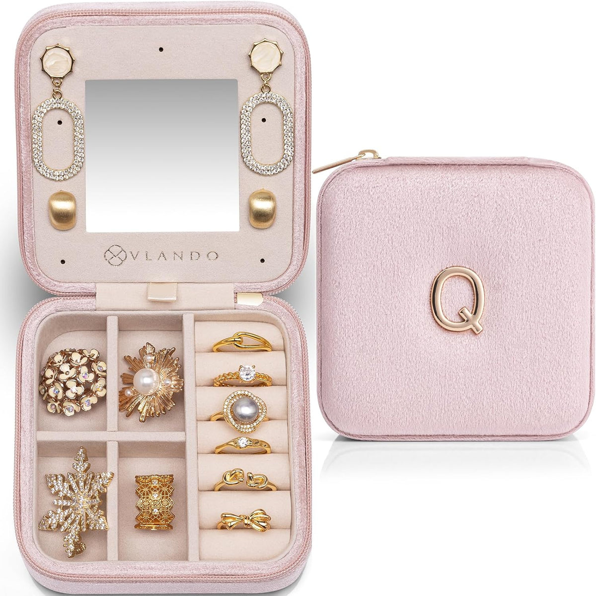 Vlando Travel Jewelry Organizer for Women, Travel Jewelry Organizer, Necklace Organizer Earrings Ring Organizer, Jewelry Travel, Travel Gifts for Women Travel Essentials - Letter Q, Pink