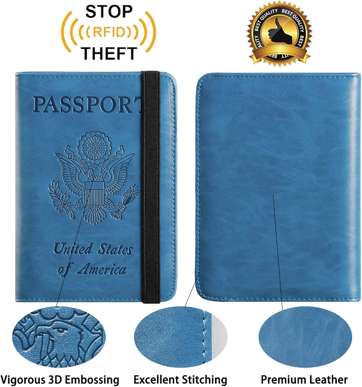 Passport Holder With Luggage Tag Travel Essentials Passport Cover Wallet RFID Blocking Leather Case International Must Haves Travel Accessories Women Men(115#Blue)