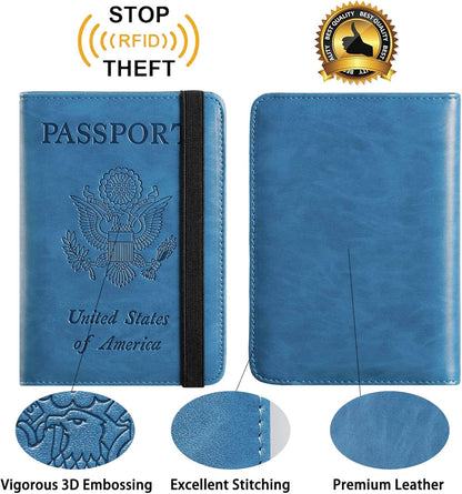 Passport Holder With Luggage Tag Travel Essentials Passport Cover Wallet RFID Blocking Leather Case International Must Haves Travel Accessories Women Men(115#Blue)