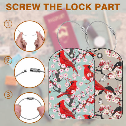 2 PCS Leather Luggage Tags for Suitcase Cardinal and Blooming Cherry Travel Luggage Tag with Privacy Flap Name ID Label and Metal Loop for Travel Bag Suitcase