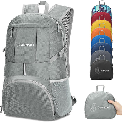 ZOMAKE Lightweight Packable Backpack 35L, Light Foldable Backpacks Water Resistant Collapsible Hiking Bag, Compact Folding Day Pack for Travel Camping(Sliver Grey)