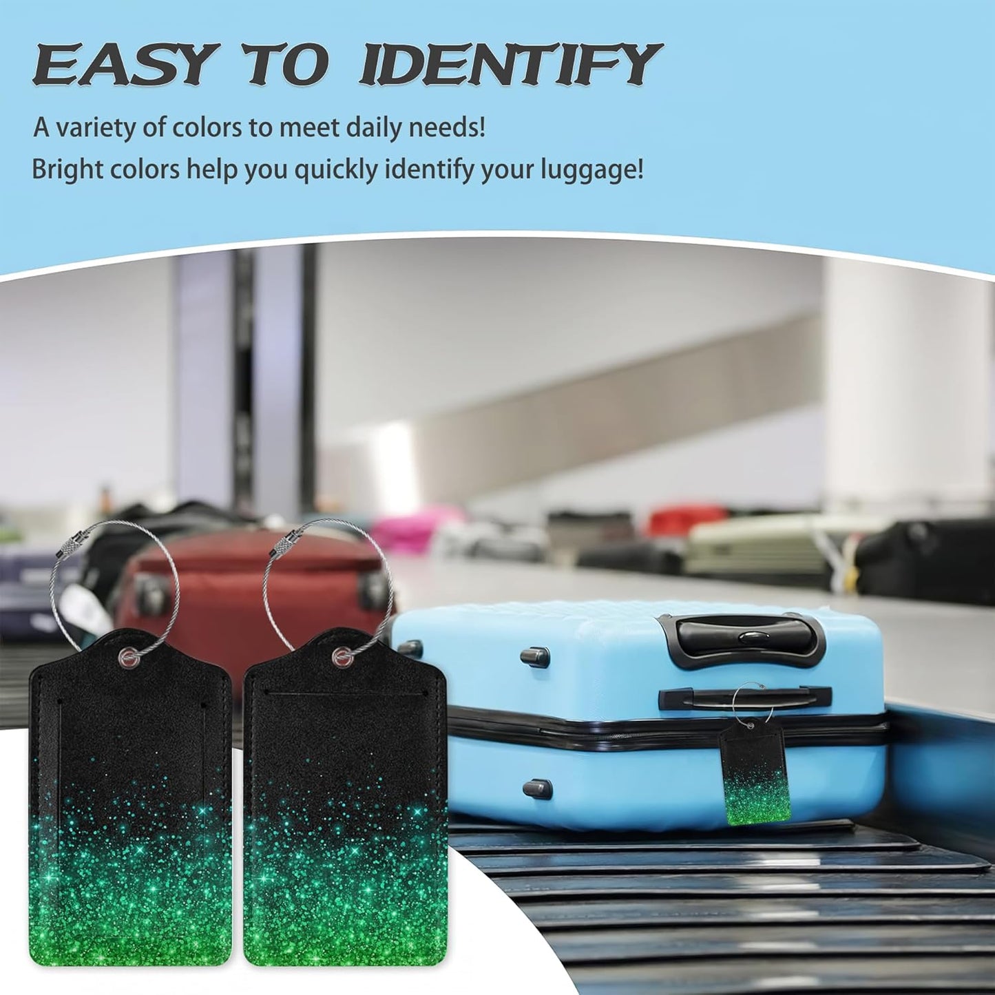 3 Pack Luggage Tag for Suitcase,Rose Golden Glitter Leather Luggage Tags with Privacy Cover Name ID Label Identifiers Travel Bag Tags for Women Men Boys Girls