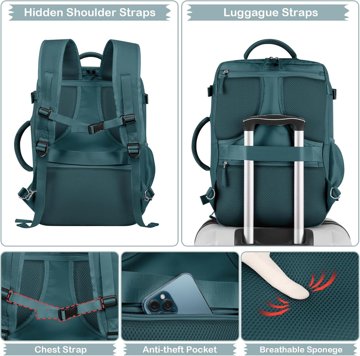 Hanples Women's Large 17.3 Inch Laptop Backpack, Peacock Blue, Waterproof, Suitable for Air Travel