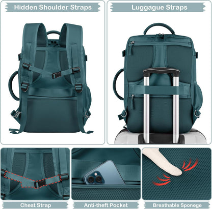 Hanples Women's Large 17.3 Inch Laptop Backpack, Peacock Blue, Waterproof, Suitable for Air Travel