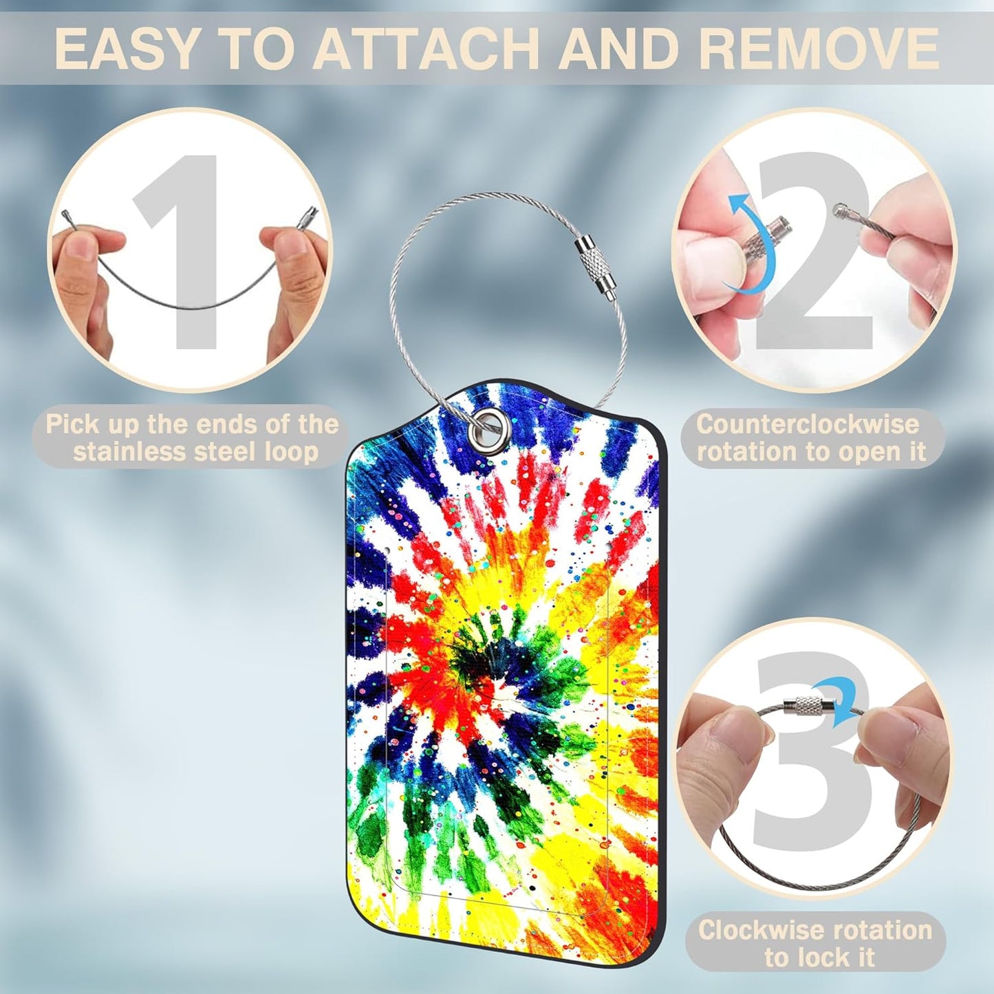 2 Pack Luggage Tags for Suitcases Colorful Rainbow Tie Dye Leather Luggage Tags Privacy Cover ID Label with Stainless Steel Loop and Address Card for Women Men Travel Bag Backpack